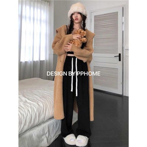 Pink glutinous rice pants for women spring, autumn and winter 2024 new high-waisted wide-leg pants plus velvet straight casual towel pants