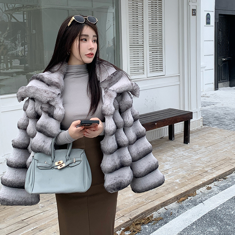 Actual shot of new winter high-end imitation rex rabbit fur warm lapel fashionable lady striped fur short coat for women