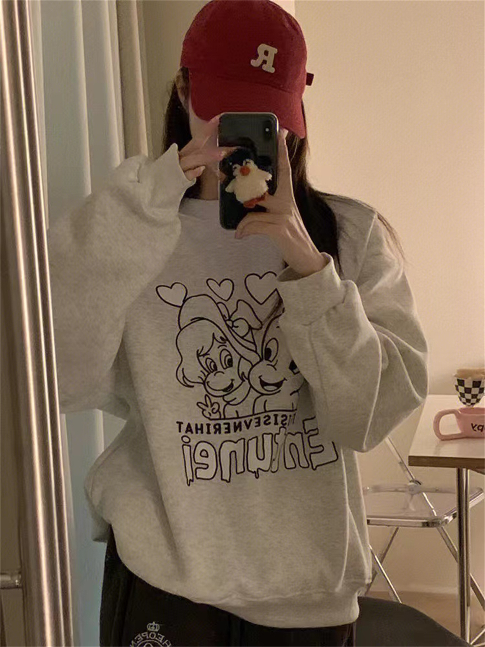 Women's new autumn and winter American retro loose sweatshirt with velvet and thickened printed sweatshirt