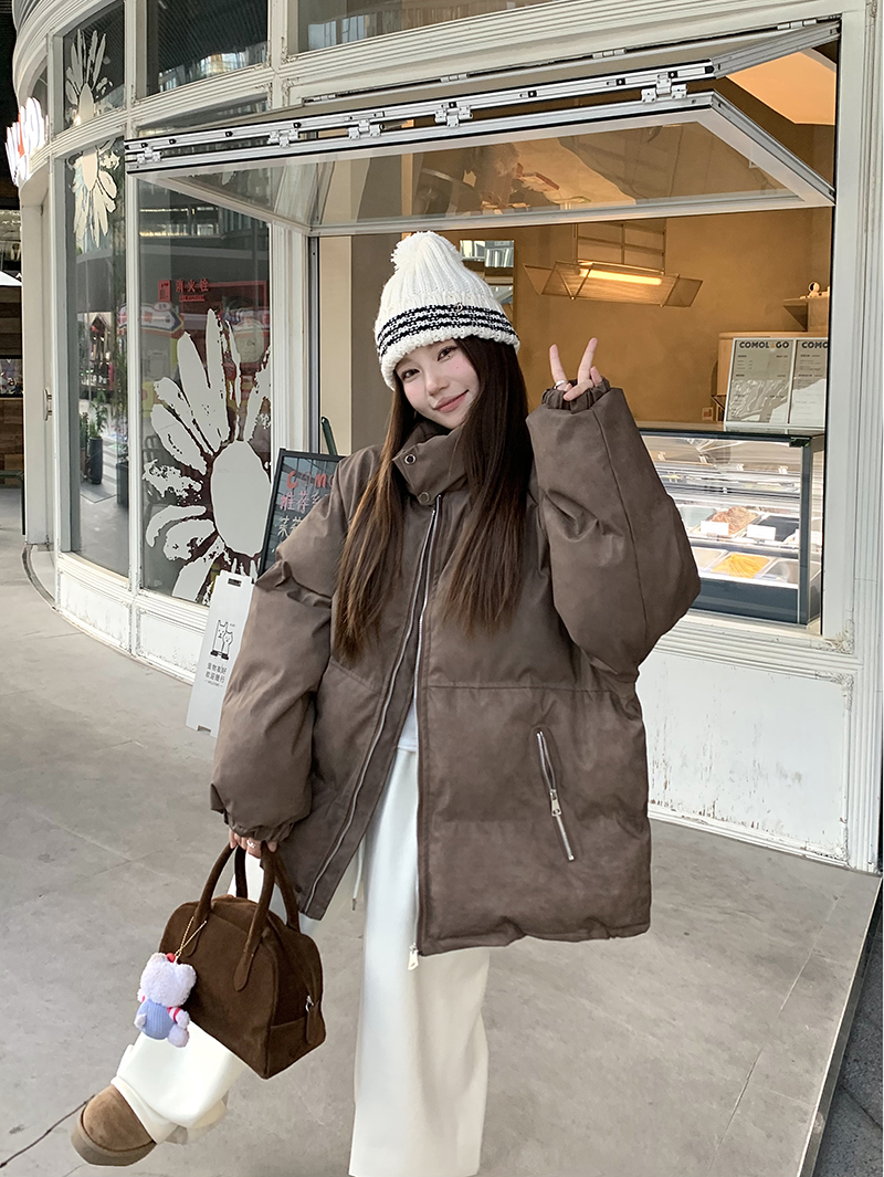 Real shot of high-end coffee PU leather cotton clothing stand collar cotton coat women's winter warm loose thickened bread coat cotton jacket