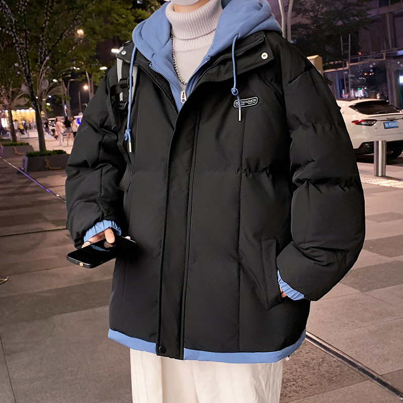 Winter fake two-piece thickened men's cotton-padded coat with hood and label, trendy cotton-padded clothing, winter cotton-padded jacket