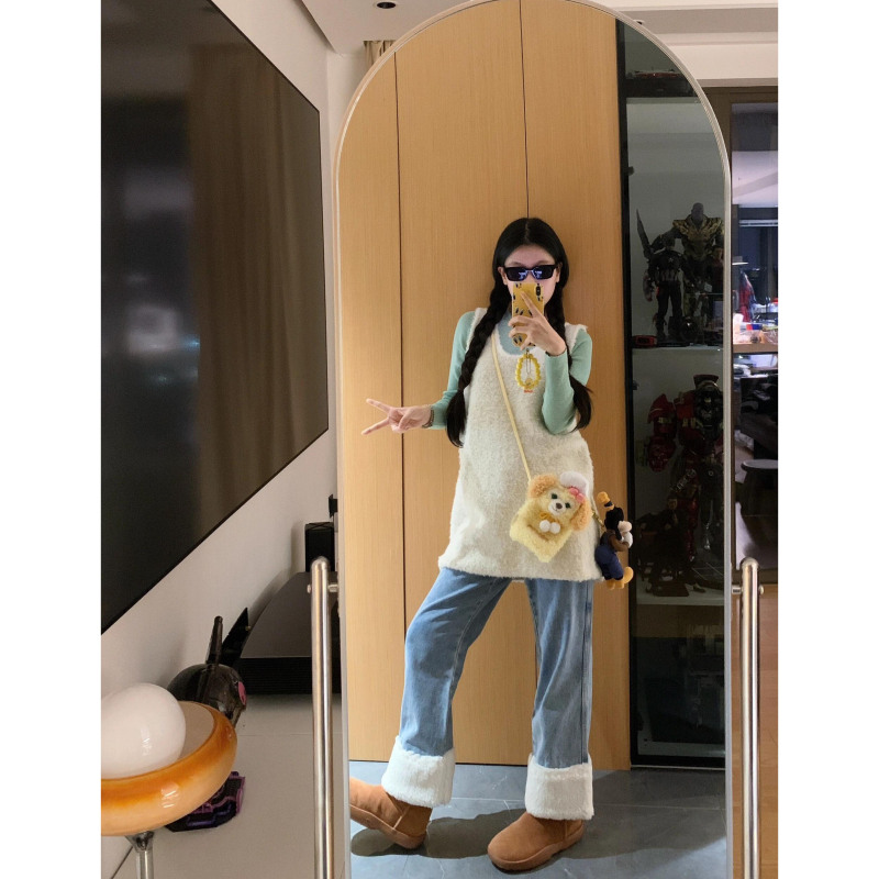 Lazy mid-length hoop hair vest for autumn and winter wear inside and outside sleeveless sweater vest skirt + bottoming shirt