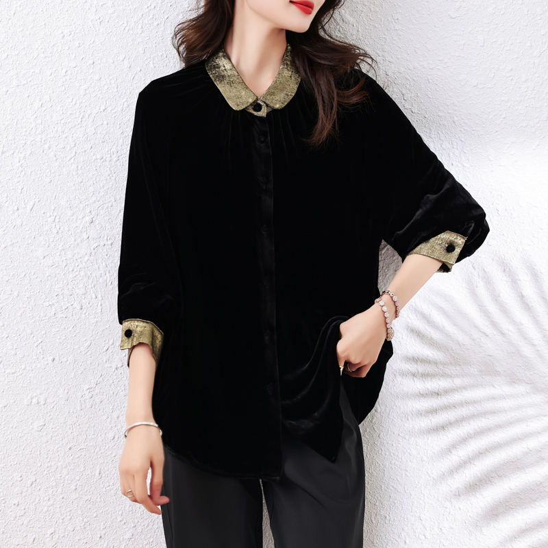 2024 new design luxury European long-sleeved bottoming shirt plus size women's fashion gold velvet shirt