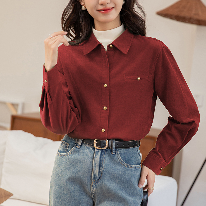 2024 real shot autumn and winter new corduroy shirt retro lapel loose shirt inner top for women
