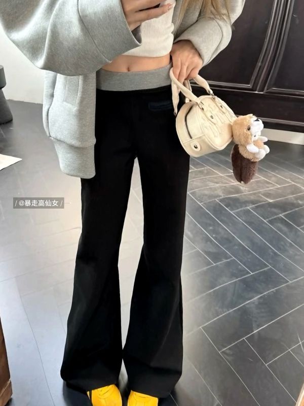 Velvet and thickened autumn and winter splicing contrasting high-waisted casual pants for women, loose wide-leg design straight trousers trendy