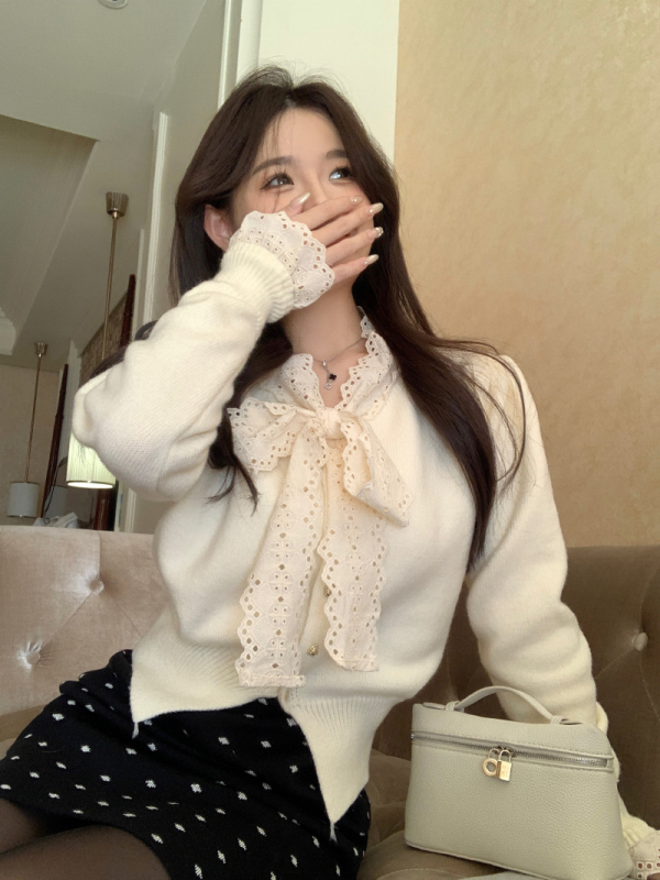 Designed lace bow inner sweater sweater slim bottoming shirt