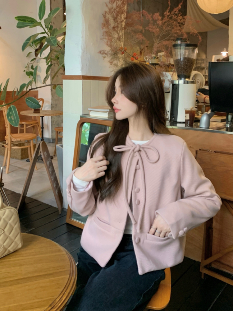 Real shot!  Gentle wind bow tie small fragrant woolen coat for women petite temperament round neck top