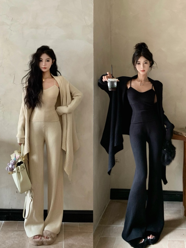 Retro gentle and lazy style slim knitted suspender jacket sweater soft waxy trousers three-piece set