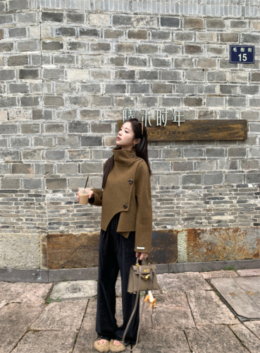 New style French half-high collar irregular design woolen casual short coat