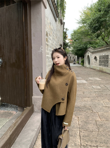 New style French half-high collar irregular design woolen casual short coat
