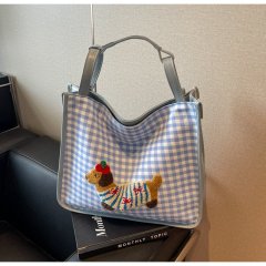 Dachshund Canvas Bag Women's 2024 New Trendy Korean Large Capacity Plaid Tote Bag College Style Large Bag
