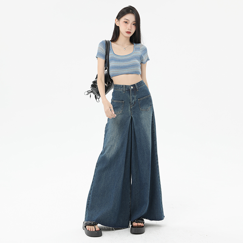 Drag sister retro raw edge wide leg denim culottes for women with high waist, slimming and flesh-covering design, niche Hong Kong style ins
