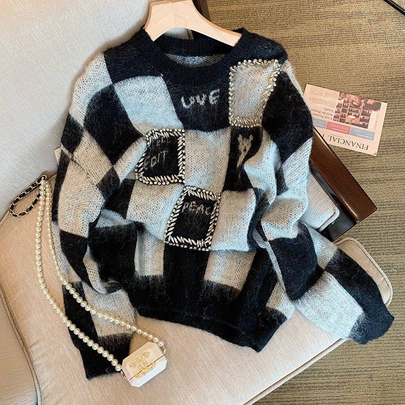 Large size heavy industry checkerboard sweater women's autumn and winter new design niche retro Japanese style lazy style top