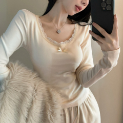 Real shot of pure lust lace edge U-neck German velvet bottoming shirt for women in autumn and winter long-sleeved slim T-shirt with temperament inner top