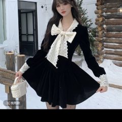 Retro French style black velvet lace patchwork dress