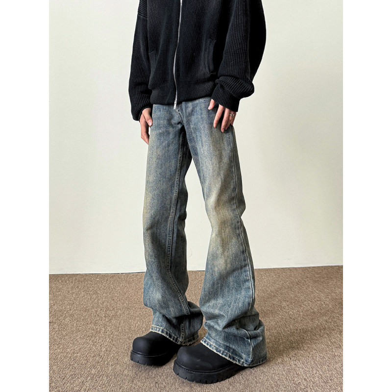 American washed retro blue jeans for men in autumn and winter new high street straight slim cleanfit slightly flared long pants