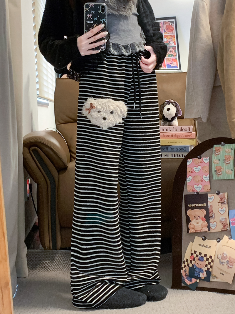 Real shot striped plus velvet dog wide-leg pants for women, drapey loose pants 2024 casual pants floor-length pants