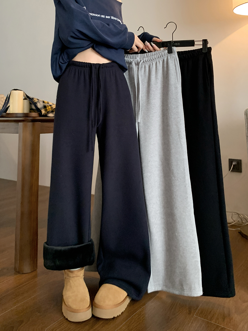 Real shot of velvet and thickened gray casual pants for autumn and winter, women's high-waisted straight pants, wide-leg pants, drapey floor-length pants