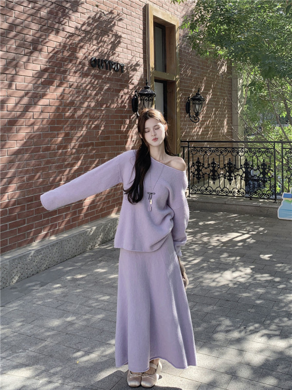 Gentle purple autumn and winter lazy style round neck pullover top high waist half length skirt two-piece set