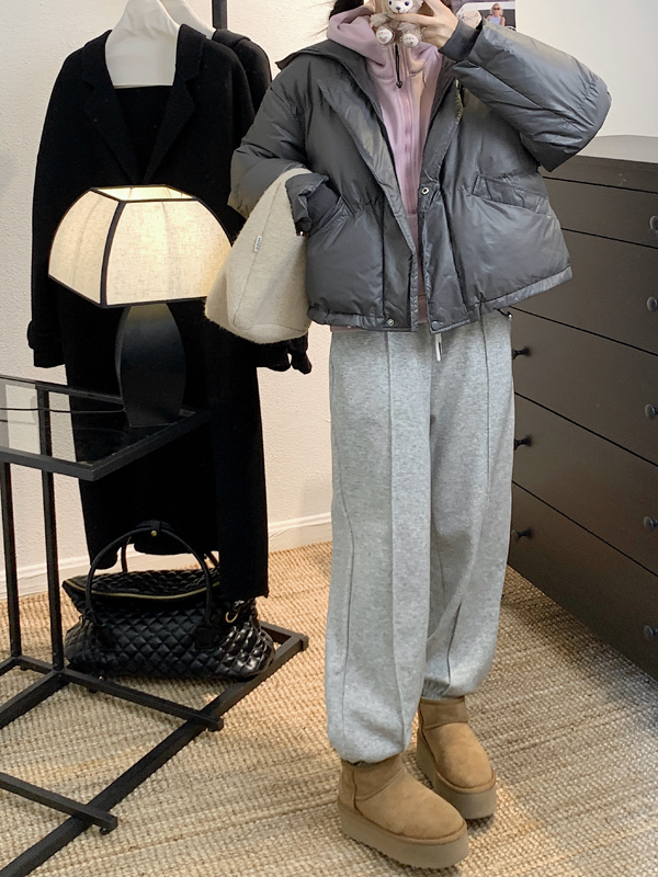 Real shot gray short design cotton coat hooded sweatshirt plus velvet high waist casual pants suit