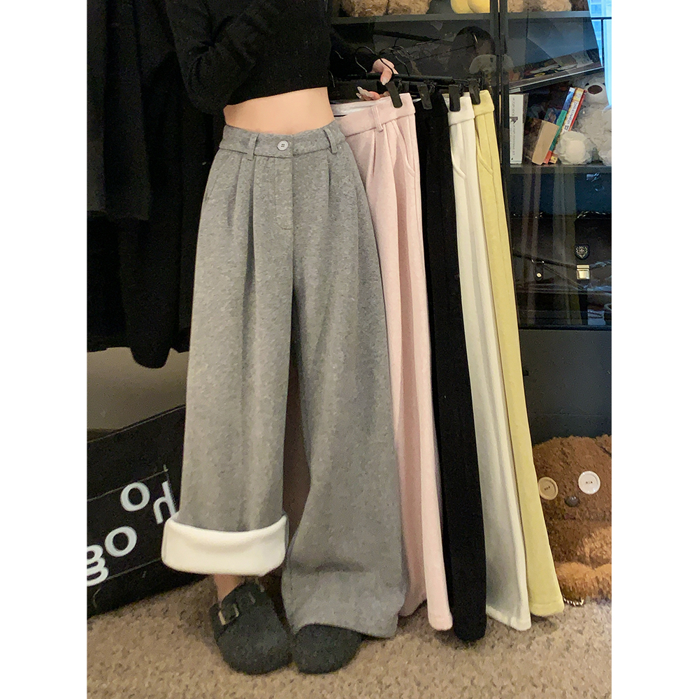 Real shot!  2024 winter velvet thickening slim straight loose suit wide leg casual pants for women