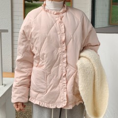 chic Korean style winter sweet and gentle fungus-edged rhombus single-breasted simple cotton coat for women