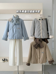 U77 Seoul school girl double-sided striped lamb wool cotton jacket for women Korean chic warm short top winter