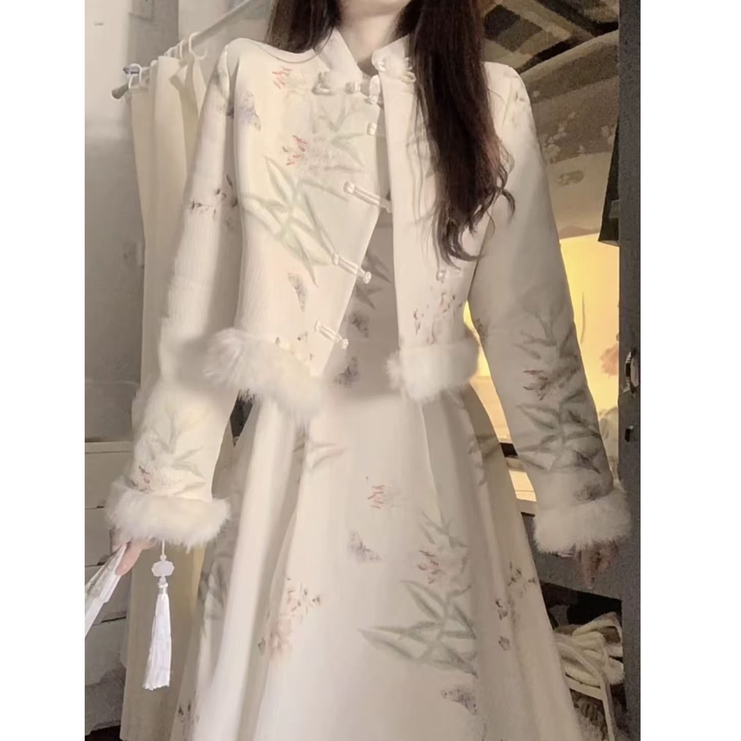 New Chinese style retro suit skirt 2024 autumn and winter thickened warm coat dress temperament two-piece skirt