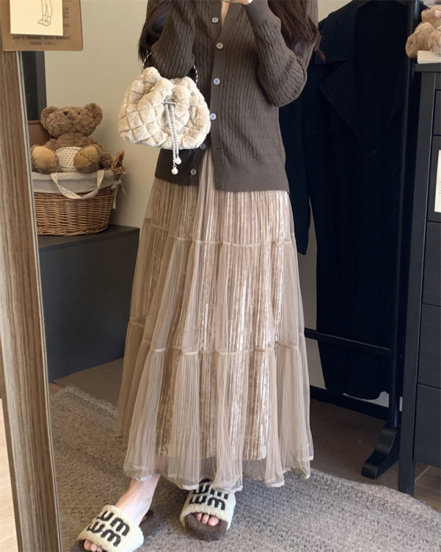 Korean French style gentle temperament velvet lined pleated mesh versatile skirt