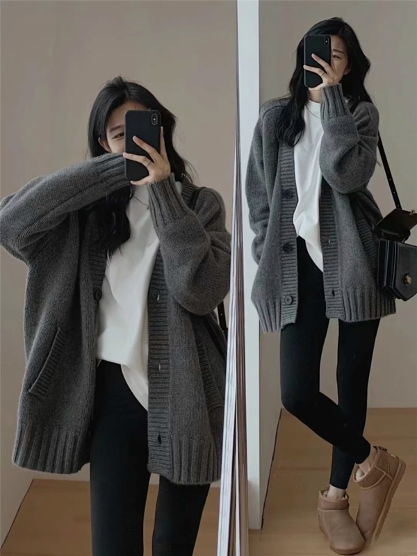 Gray retro solid color loose mid-length sweater jacket for women autumn and winter lazy style fashion gray three-piece suit