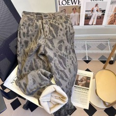 Real shot of retro leopard print smudged jeans for women 2024 winter new loose straight wide leg plus velvet floor mopping pants