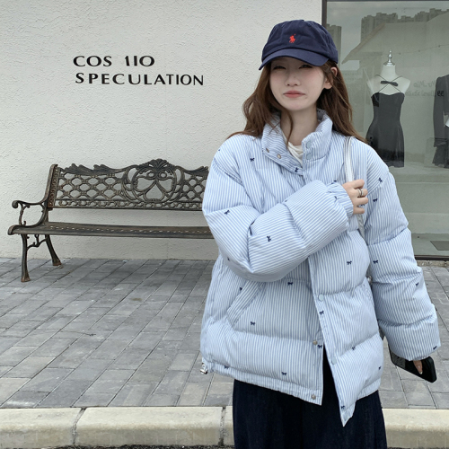 Real shot of blue striped cotton-padded jacket with bow knot cotton-padded jacket for women in autumn and winter warm loose stand-up collar cotton coat