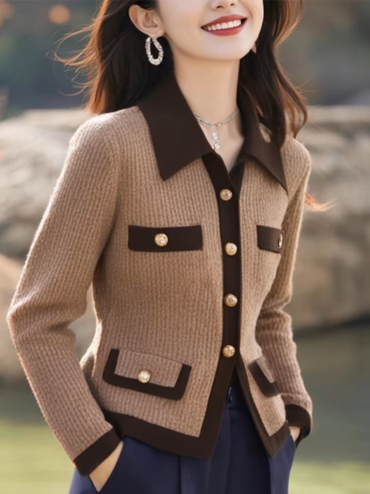 Maillard coffee color lapel knitted cardigan for women 2024 autumn and winter new slim fit commuting high-end top