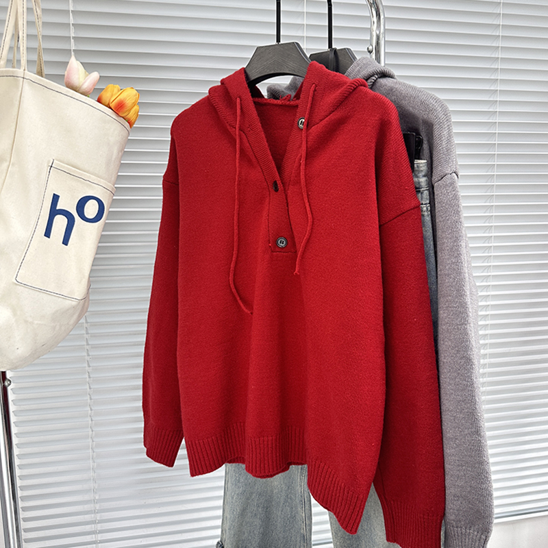 Real shot of large size women's autumn and winter new style loose lazy style casual thickened hooded sweater pullover sweater top