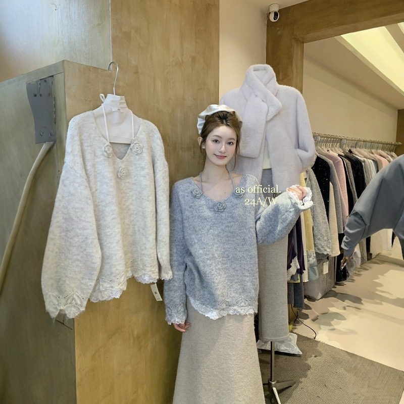 !  Alpaca wool winter new camellia hand hook pattern halter neck strap pullover casual versatile loose sweater