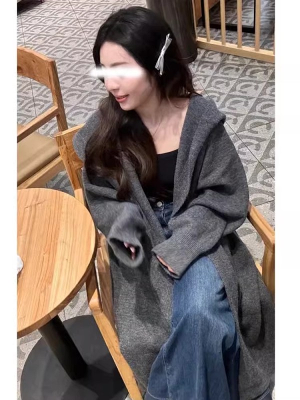 Original Korean style lazy style hooded long knee-length knitted cardigan for women in autumn and winter thickened loose slim coat coat
