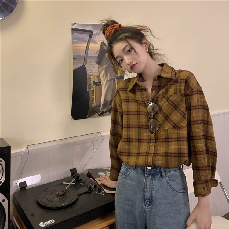 Brushed plaid shirt women's design niche top autumn retro Hong Kong style loose versatile layered shirt spring and autumn