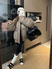 Real shot of high-end coffee PU leather cotton clothing stand collar cotton coat women's winter warm loose thickened bread coat cotton jacket