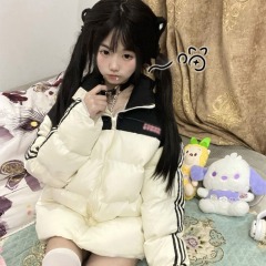 American retro splicing striped cotton coat women's winter coat niche street student thickened warm bread coat