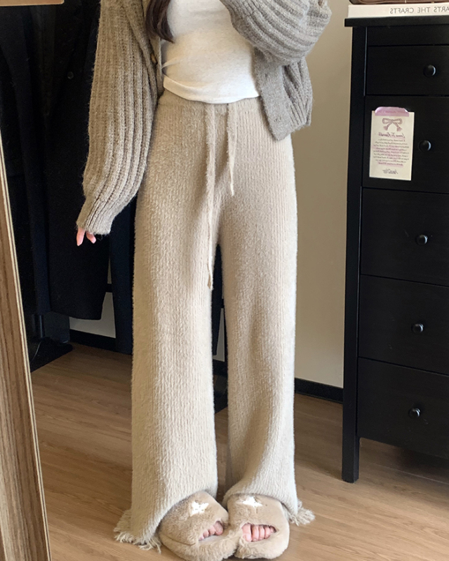 New autumn and winter Korean style furry tassel drape floor-length casual knitted micro-flare wide-leg pants for women
