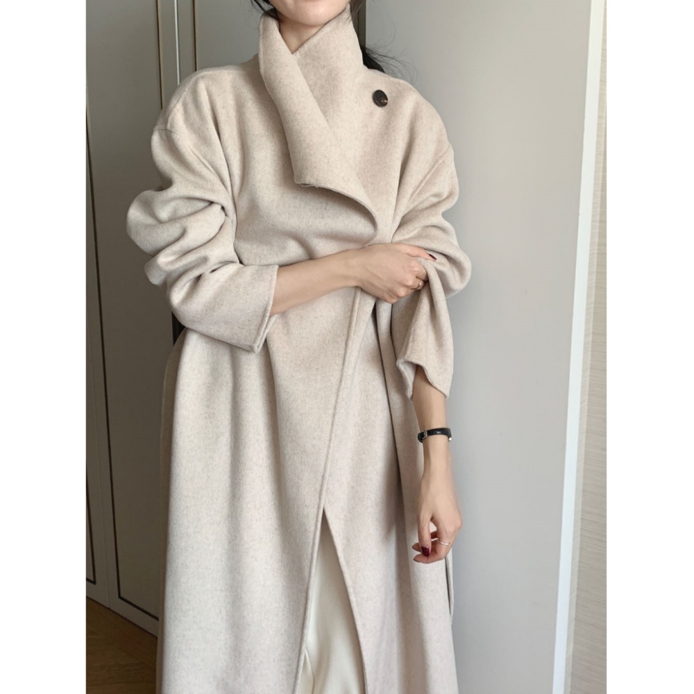 Korean chic retro temperament high-end large lapel casual loose lace-up long woolen jacket coat