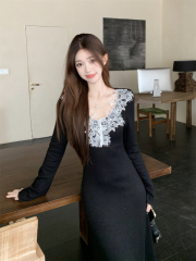 San Francisco French three-dimensional flower neckline long-sleeved knitted design slim dress
