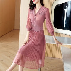 Miyake pleated 2024 spring new fashion suit collar lantern sleeve pleated skirt waist slimming magic dress