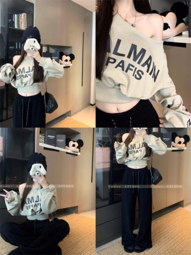 Hot girl's slope-neck letter-printed long-sleeved sweatshirt, off-shoulder short style, loose and chic top, fashionable