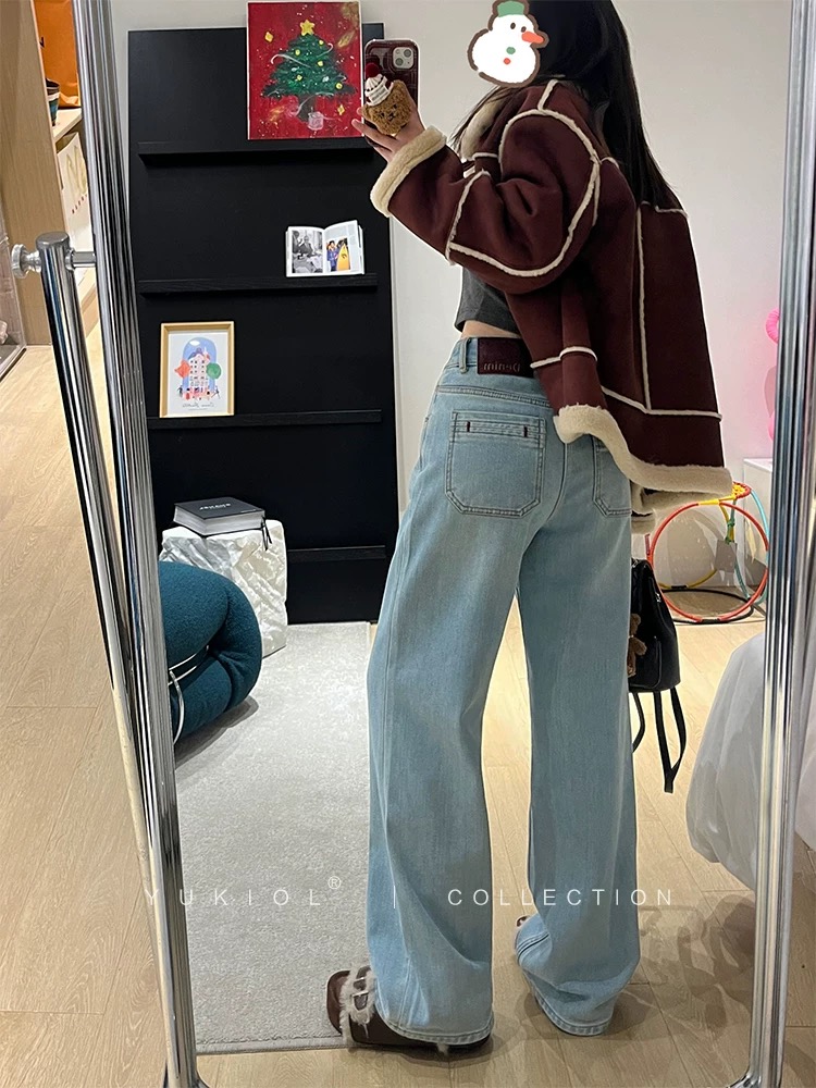 Velvet straight jeans for women 2024 winter wide-leg pants blue loose high-waist slim floor-length pants