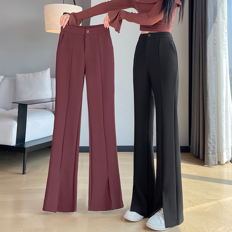 Real shot of versatile bell-bottom pants for women in fall, slit suits for women, ice silk pants for women, high-waisted straight casual casual trousers