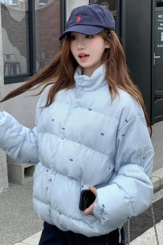 Real shot of blue striped cotton-padded jacket with bow knot cotton-padded jacket for women in autumn and winter warm loose stand-up collar cotton coat