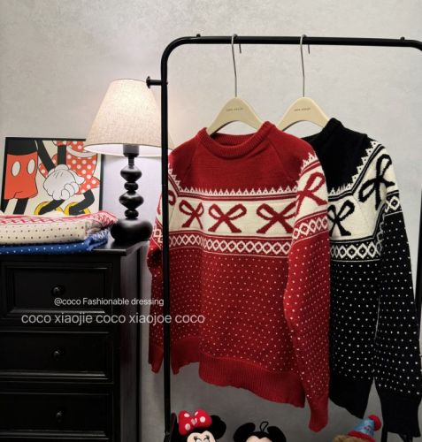 Sweet temperament round neck bow jacquard thickened versatile long-sleeved soft waxy knitted sweater for women