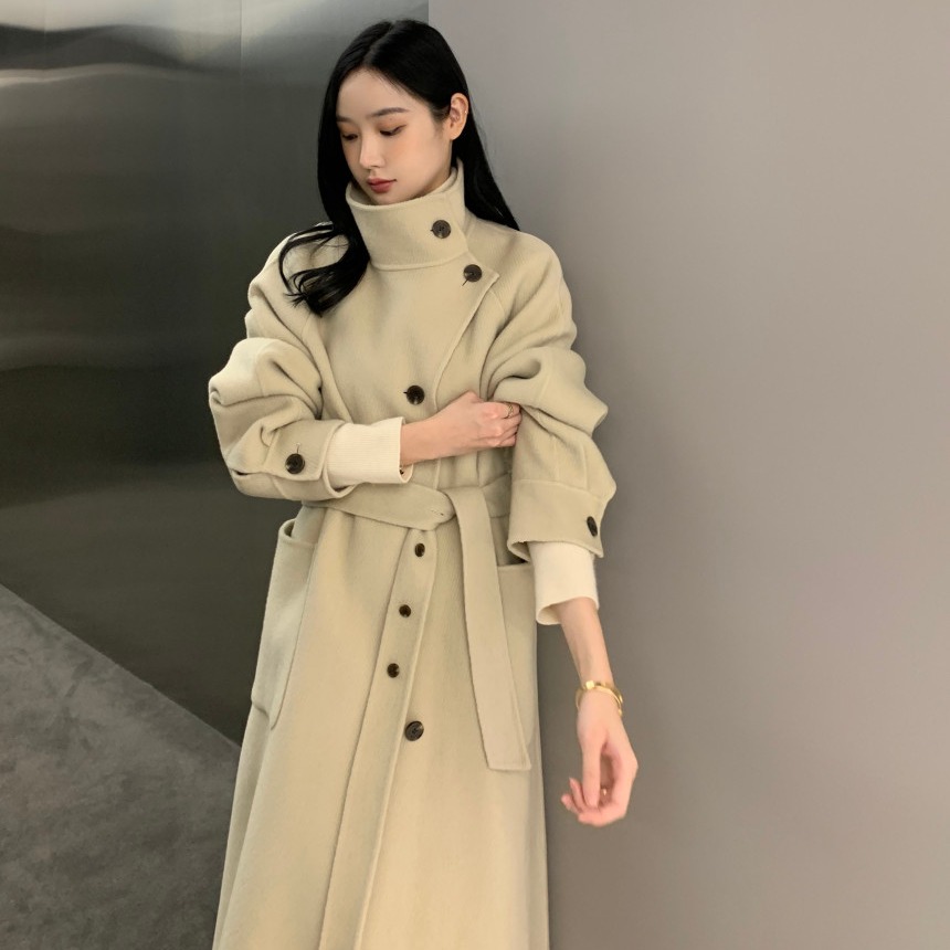 Korean chic new winter design stand collar slanted placket mid-length woolen coat