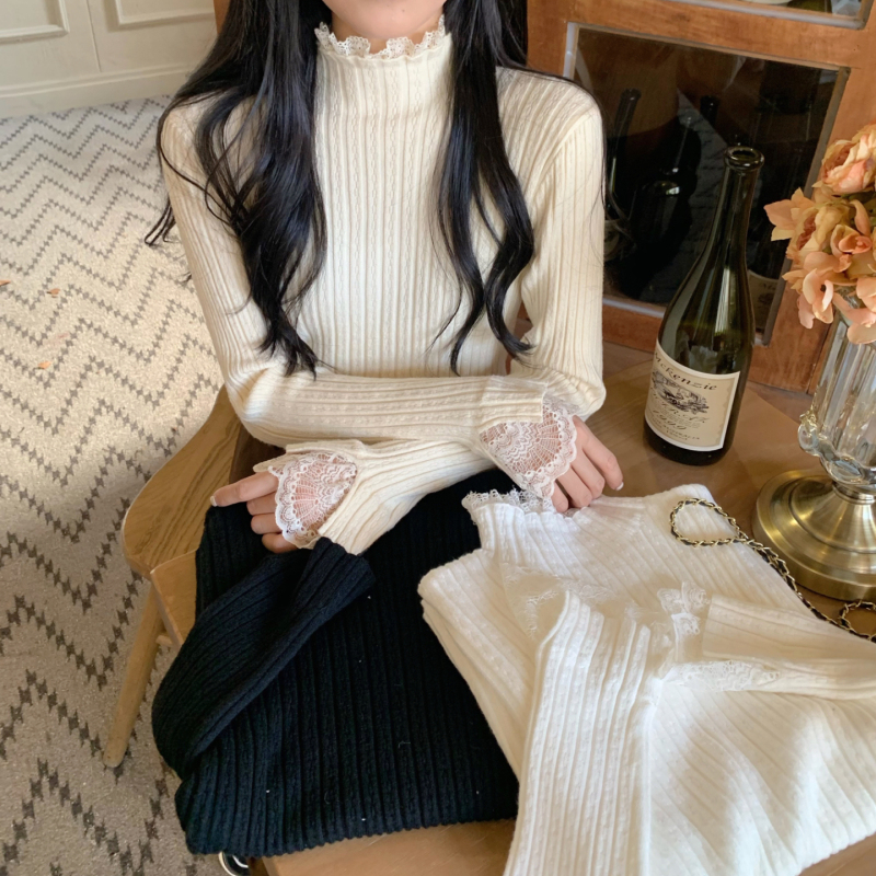Lace bottoming shirt with half turtleneck slim fit sweater and long-sleeved knitted sweater in winter